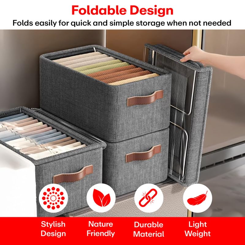 Storage Box Foldable Non Woven Cloth Organizer with Lid Breathable Fabric Washable Wardrobe Storage Bin with Reinforced Handles Clothes Organizer Grey Pack of 1