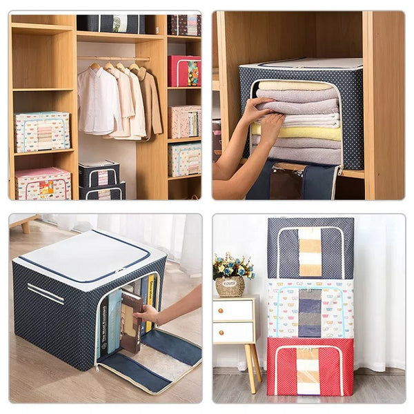 Foldable Clothes Storage Box with Zip – Large Fabric Organizer with Transparent Window | Dustproof Wardrobe Bag for Sarees, Blankets, Quilts & Bedding (Random Colour-Pack of 1)