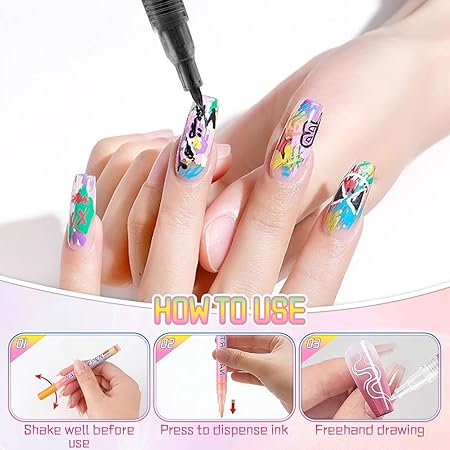 12pcs 3D Pens Set for Nail Art, 0.7MM Nail Art Drawing Pen Colorful Nail Gel Polish Pens Art Pens Nail Drawing Pen Manicure Tools for Nail Art DIY (12 Colors)
